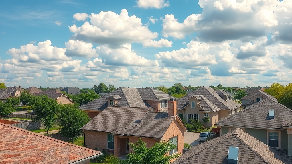 Detailed suburban Houston homes showing new and worn roofing, attic vents, under bright daylight – roofing secrets in Houston