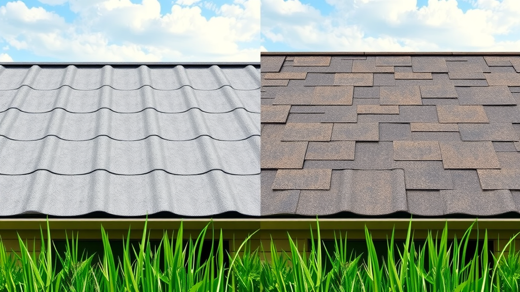 Side-by-side of metal roofing and asphalt shingles on a Houston home – metal roof durability vs asphalt shingle maintenance