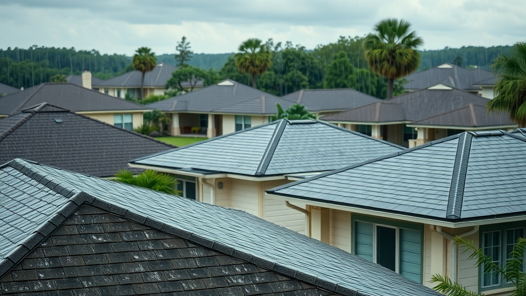 Rain-soaked Houston residential neighborhood, roofs prominently displayed, water running off rooftops, typical Houston homes in background - houston roofing tips