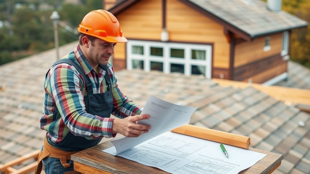 Professional Houston roofer advising homeowner on roofing and insulation solutions, blueprints on table for Houston home comfort and efficiency
