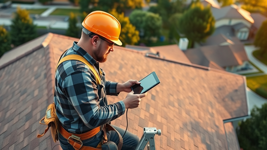 licensed houston roof inspector with digital tablet performing roof inspection
