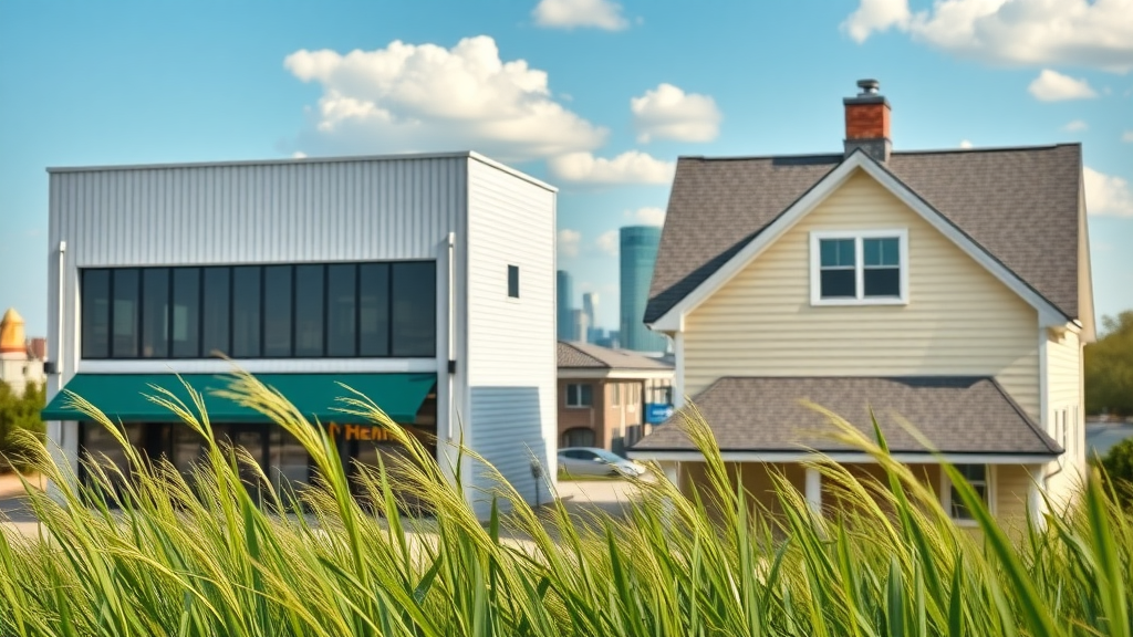 Modern Houston commercial building with metal roofing and single-family home with asphalt shingles - comparison of roof installation Houston