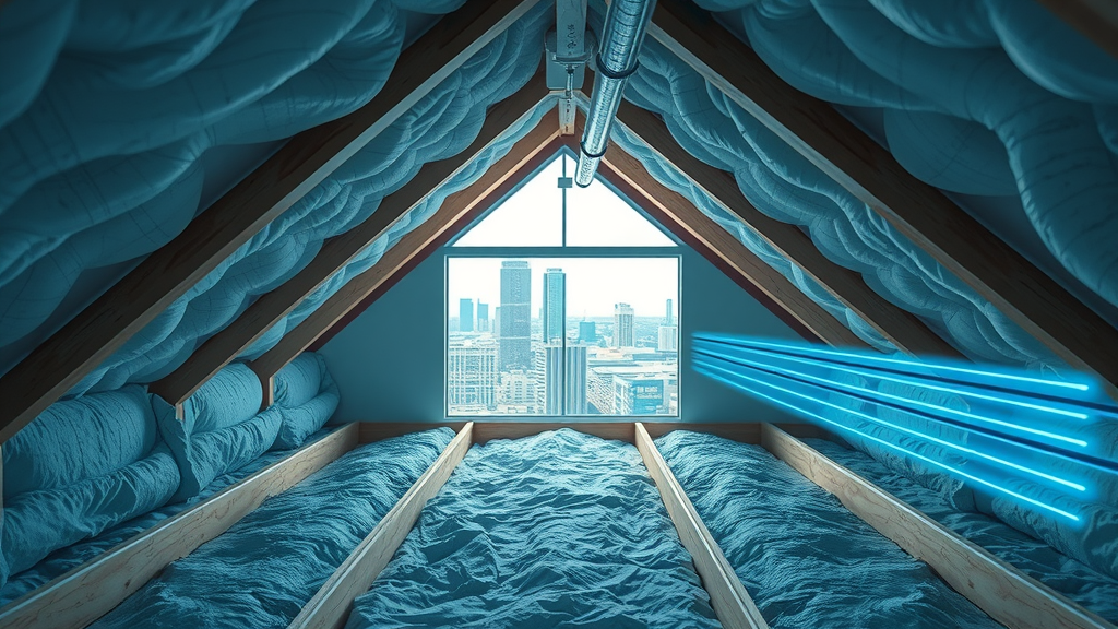 Cross-section of a Houston attic with optimized insulation and ventilation for roof installation Houston