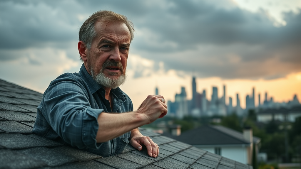 Worried Houston homeowner inspecting shingles for roof maintenance houston with storm clouds and city skyline in the background.