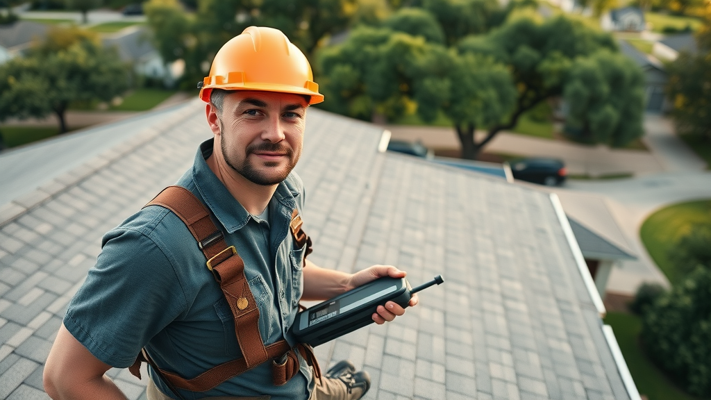 Professional roofing contractor performing roof inspection for reliable roofing system in Houston residential area.