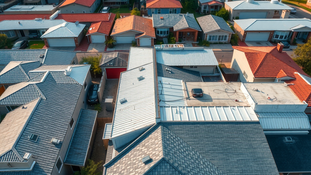 Aerial view of Houston showing metal roof, asphalt shingle, and flat roof types for maintenance needs.
