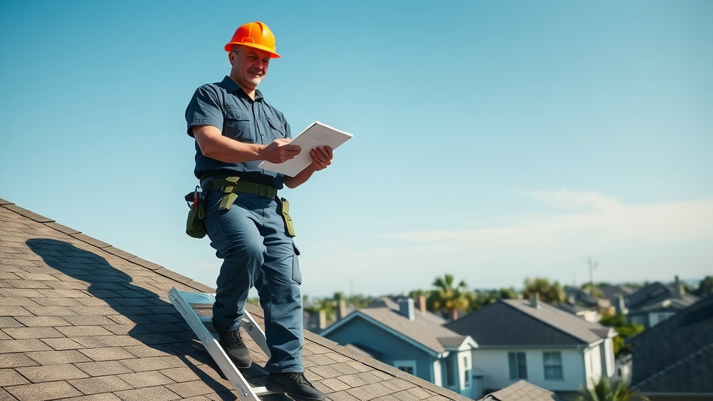 Houston roof inspector on ladder with clipboard checking shingle roof under clear sky.