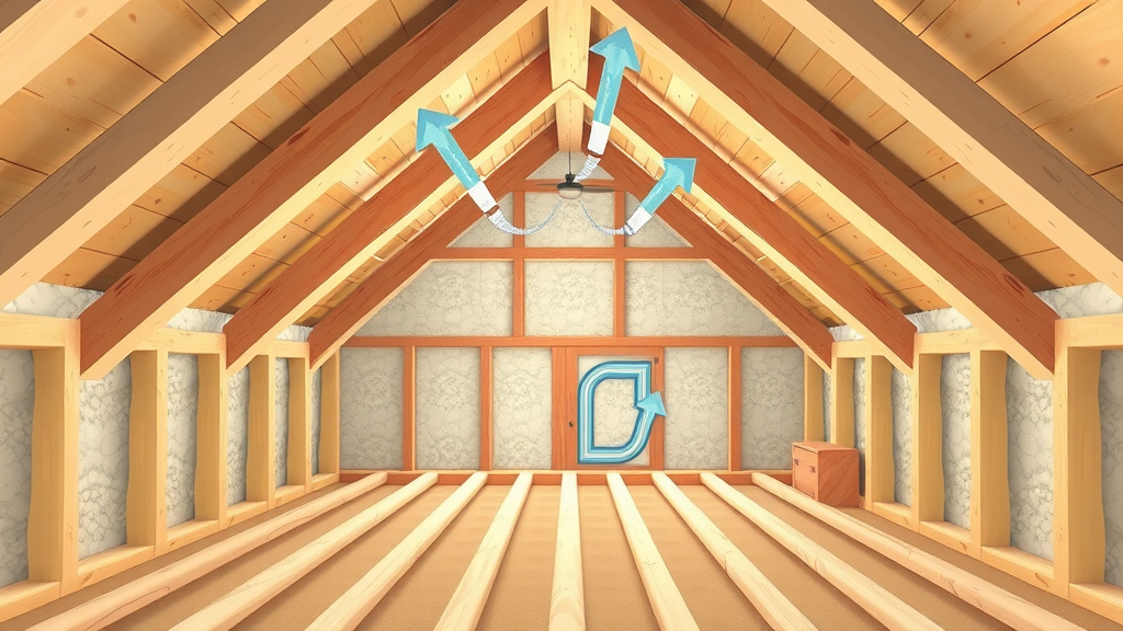 Diagram of Houston home attic with visible insulation and ventilation showing impact on roof maintenance.