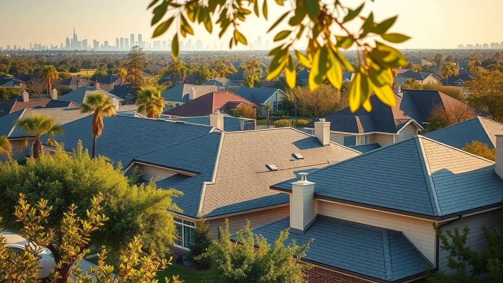 roof inspection Houston: sunny Houston suburban neighborhood with pristine, well-maintained roofs, distant view of city skyline and tree-lined streets