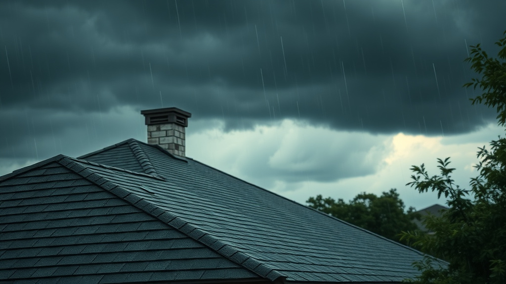 Houston roof inspection: home under dramatic storm clouds with weathering and watchful homeowner, storm approaching