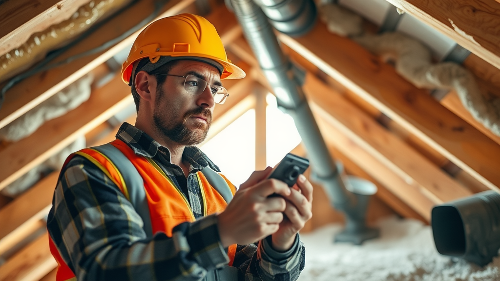 Roof inspector in Houston examines attic ventilation and insulation for roofing system integrity during roof inspection Houston