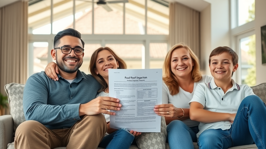 Houston family at peace after receiving a roof inspection Houston report, relaxing indoors with sunlit well-maintained roof in background