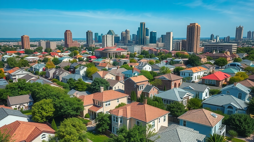 Aerial view of a modern Houston neighborhood featuring vibrant, diverse residential roofs—best roofing materials Houston
