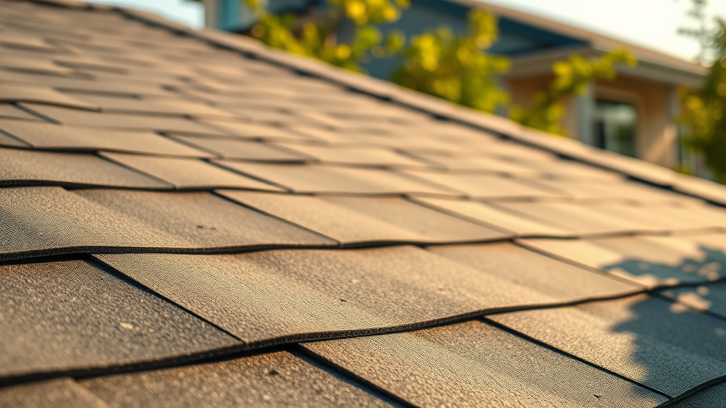 Close-up of a sunlit asphalt shingle roof—best roofing materials Houston for affordability and style