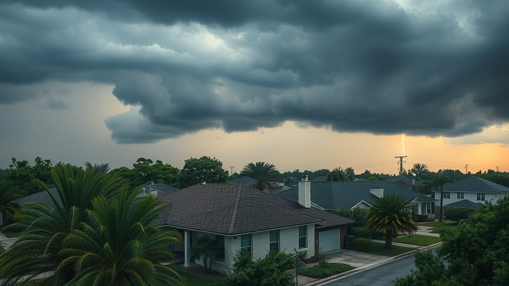 Houston neighborhood homes with various roof types under storm clouds, homeowners inspecting rooftops for roof leak prevention Houston