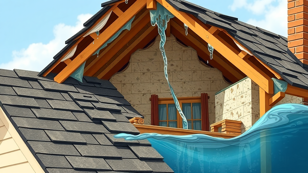 Cross-section of a Houston roof with leak, damaged shingles, water intrusion, and attic insulation showing for roof leak prevention Houston