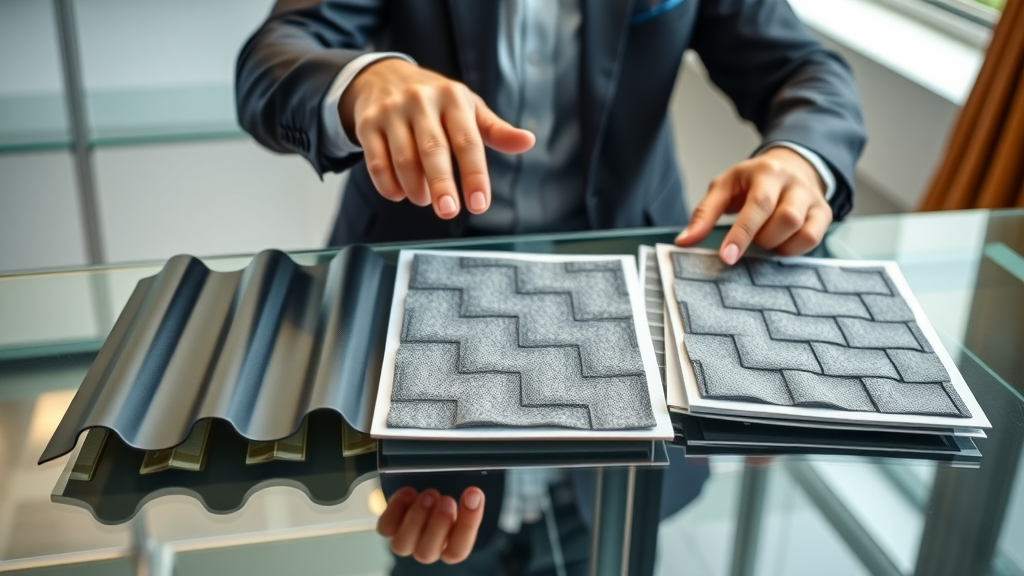 Roofing material comparison of metal, flat, and shingle samples for roof leak prevention Houston