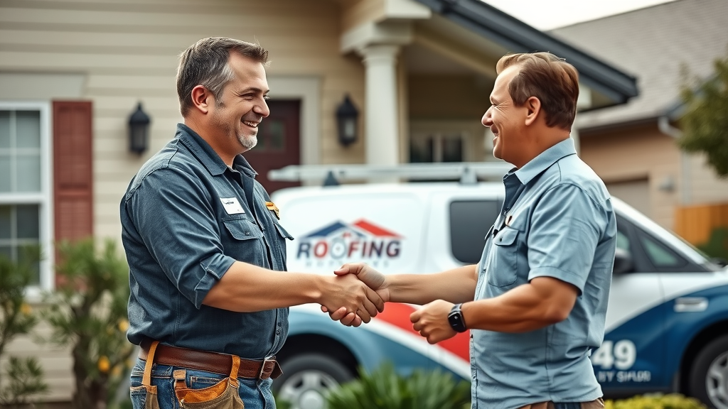 Professional Houston roofing contractor shakes hands with homeowner, branded truck in background, roof leak prevention Houston