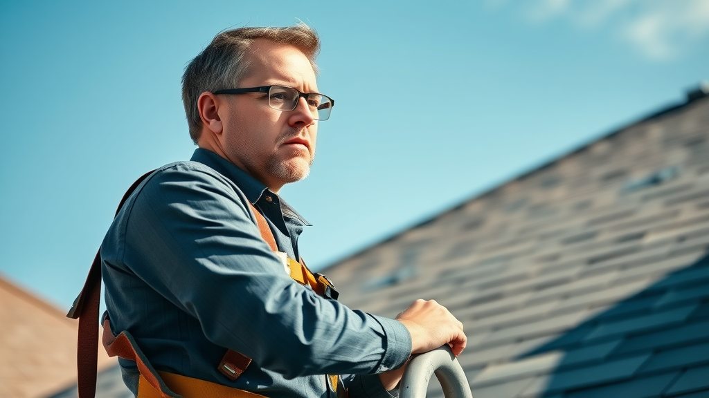 Houston roofing inspector on ladder examining shingle roof for roof leak prevention Houston