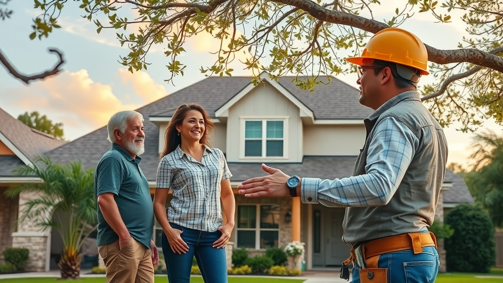Modern residential Houston home exterior showing roofing contractors Houston discussing quality roof work with satisfied homeowners in suburban setting.