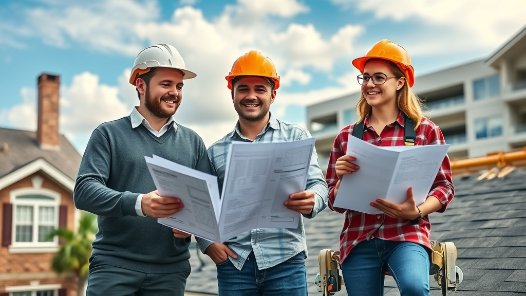 Split image showing commercial roofing contractor with blueprints and residential roofing pro inspecting Houston roof for quality work and ventilation needs.