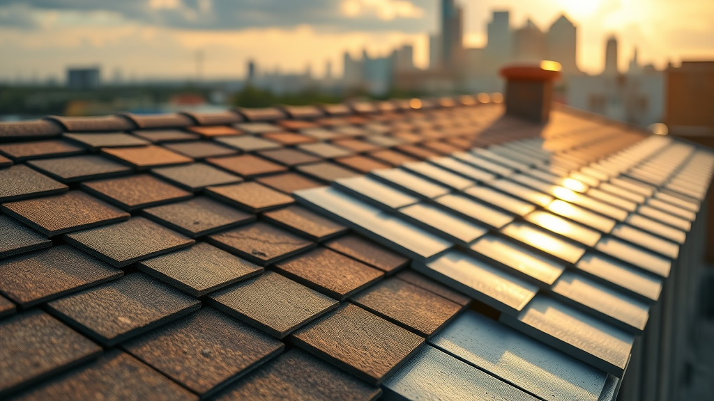 Close-up view of various roofing materials—metal roofing, asphalt shingle, eco-tile—arranged on Houston roof mockup, highlighting their textures and suitability for Houston area climate.