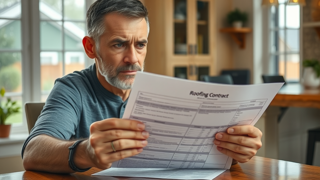 Concerned Houston homeowner at kitchen table reviews vague roofing contract, illustrating key red flags when choosing roofing contractors Houston.
