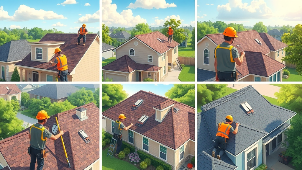 Step-by-step progression of a Houston roof replacement project, illustrating expert roofing contractors, inspection to customer sign-off on high-quality work.