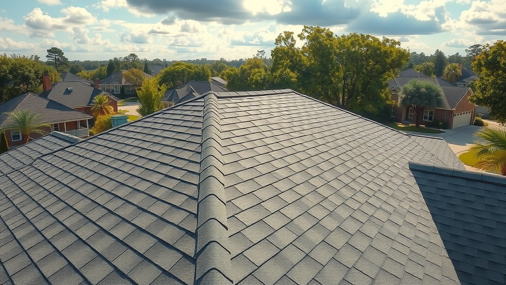 roof replacement houston modern Houston home rooftop clean seamless shingles attic insulation and ventilation leafy suburban neighborhood soft daylight